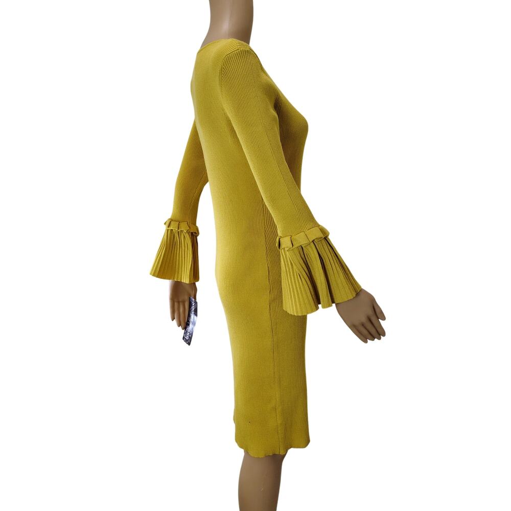 Mustard Yellow Bodycon Knit Dress Long Sleeve  Flutted Cuffs Nina Leonard Size M